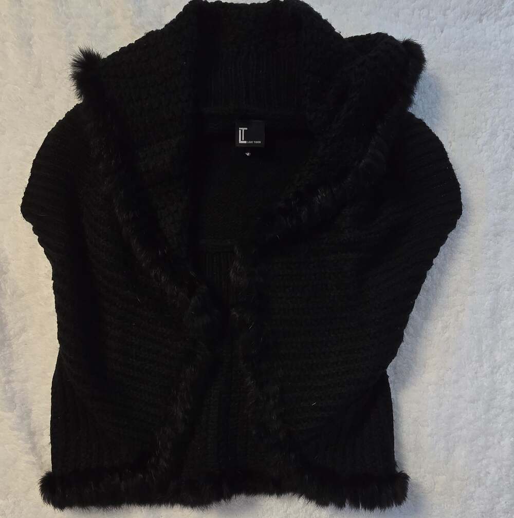 Love Token Black Knit Rabbit Fur Trim Hooded Cardigan Vest Shrug